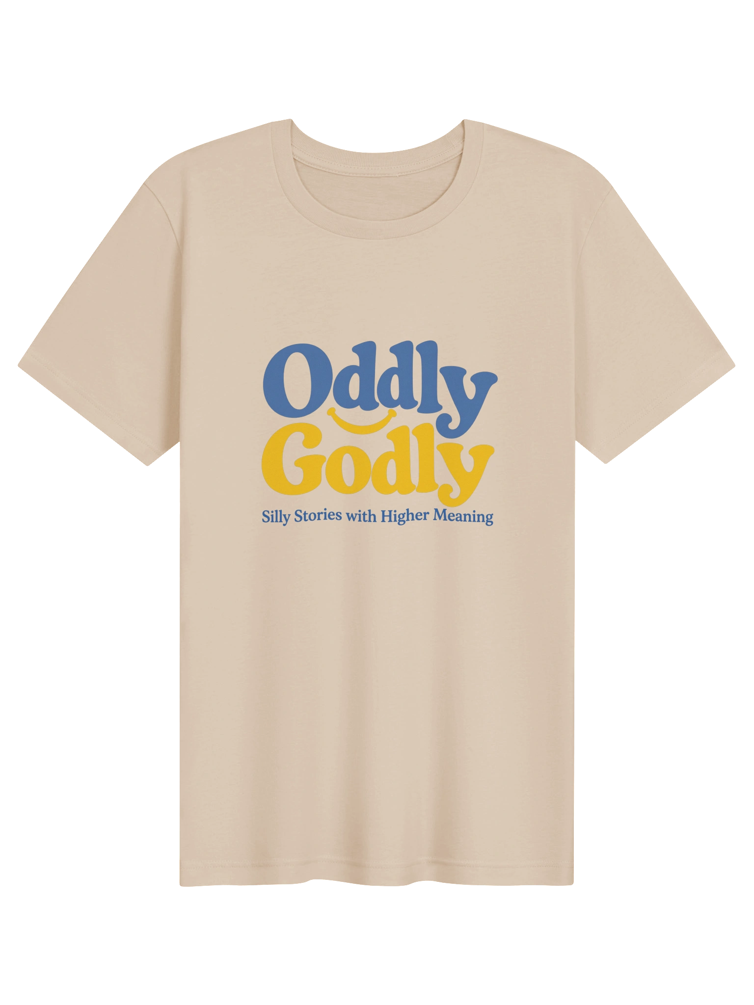 Soft Cream adult T-shirt mockup with the blue and yellow Oddly Godly design