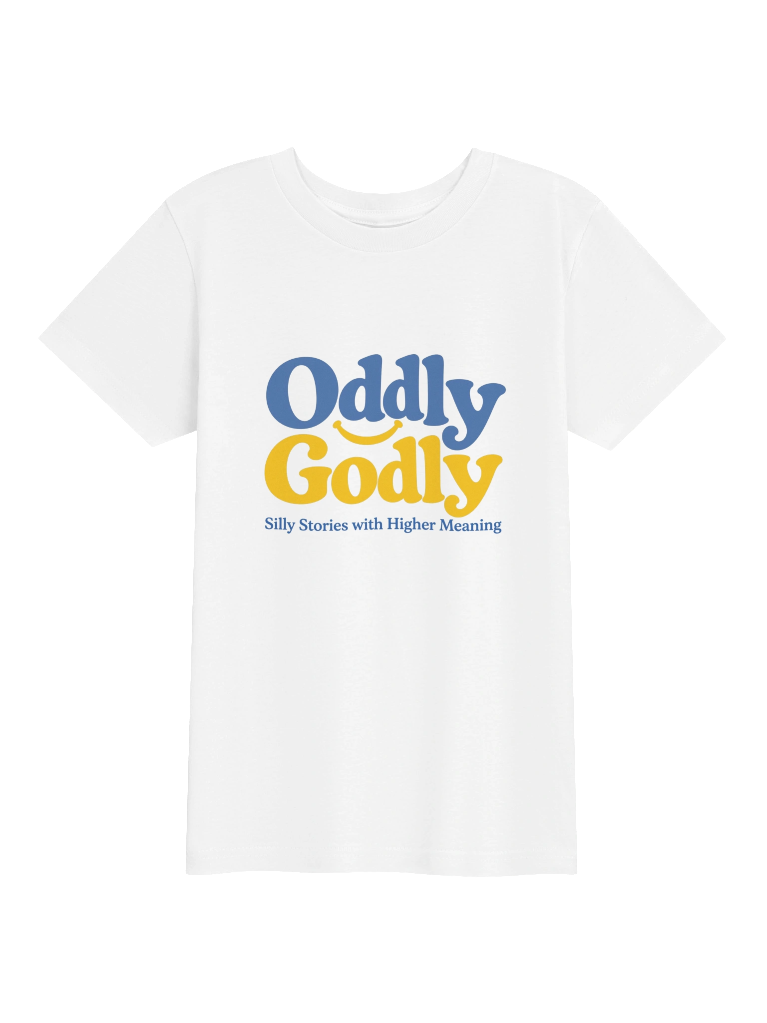White youth T-shirt mockup with the blue and yellow Oddly Godly design